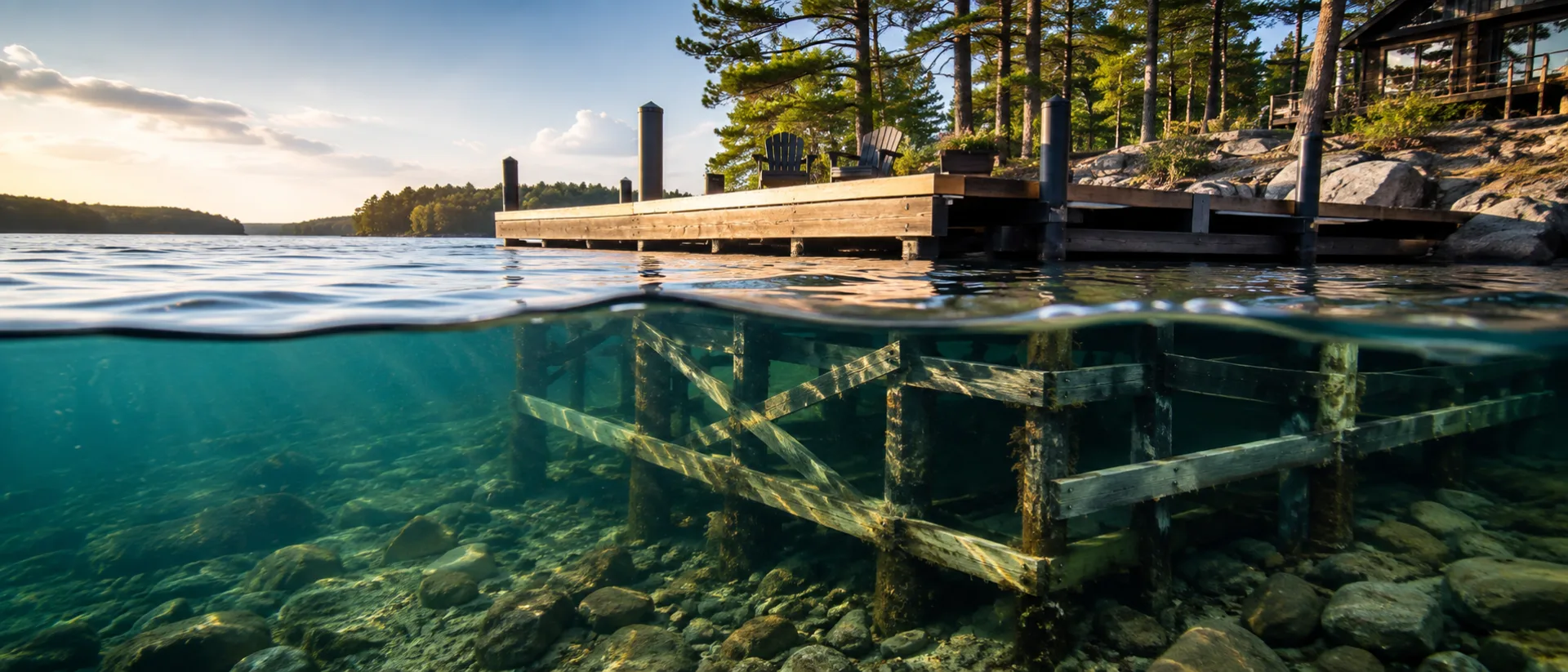 A wooden Muskoka dock from water level, showing both the deck above and the underwater posts and rocks below